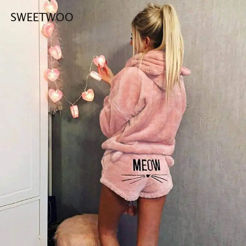 Women's Pajamas Set Winter Sleepwear Pajamas Warm Hooded Flannel Pajamas Hoodie Shorts Set Christmas Female Home Sexy Women