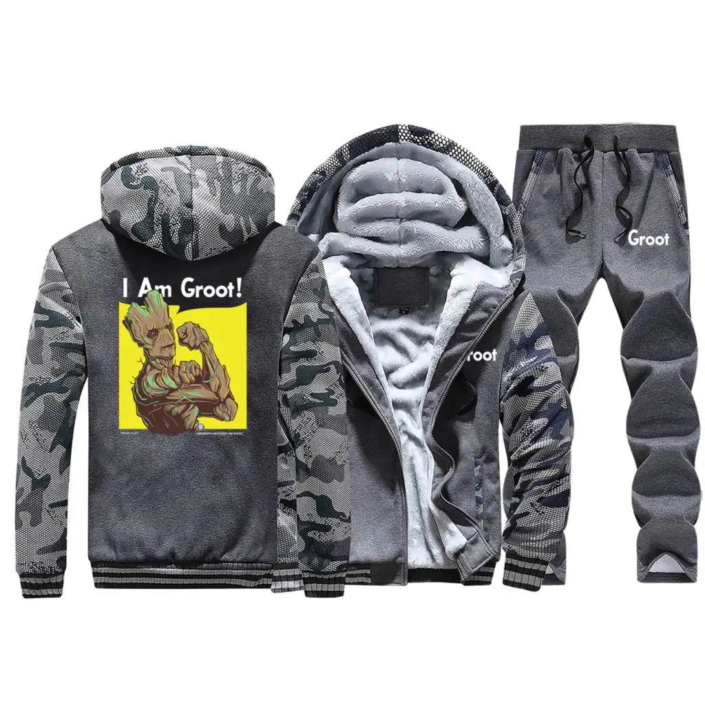 Dark Gray Зимний теплый костюм, мужские толстовки из плотного флиса, мужская куртка+ штаны, комплект, Мужская толстовка, guardian of the galaxy Superhero, I am groot, пальто - Цвет: Dark Gray