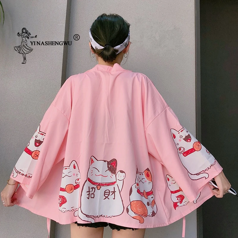 Japan Kimono Lucky Cat Printed Cardigan Cosplay Female Loose Dragon Tops Casual Coat Yukata Women Asian Clothing New | Тематическая
