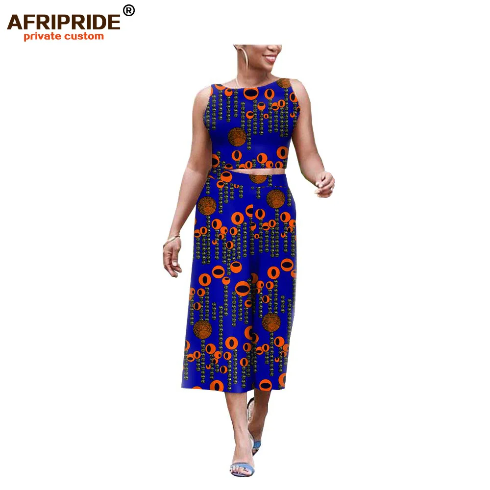 Afripride africa ankara брюки с принтом костюм для женщин короткий топ на бретелях+ длина до середины икры широкие брюки женский хлопковый костюм A1926008 - Цвет: 498J
