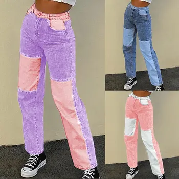 

2020 Girl Patchwork High Waist Jeans Hip Hop Demin Stitch with Pockets Straight Pants Streetwear Pink Trousers Fashion