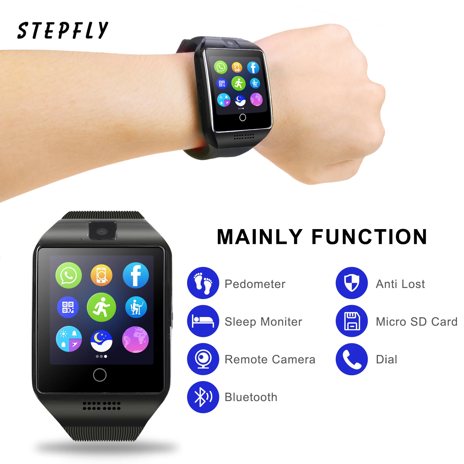 Hotsale Stepfly Smart Watch With Camera Facebook Whatsapp Twitter Sync SMS Smartwatch Support SIM TF Card Android