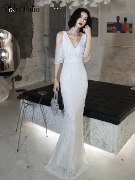 

White Mermaid Evening Dresses Sexy V-neck Shoulder Straps Floor-length Long Women Formal Gowns 2020 Sequined Prom Dresses