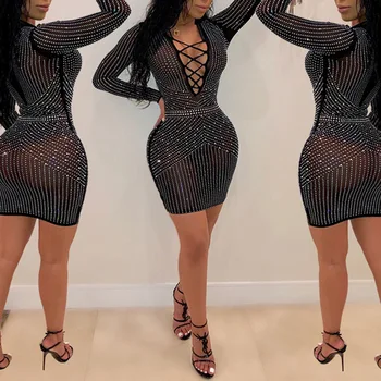 

2019 Rhinestone Bodycon Club Party Dresses stripes lace up v-neck long sleeve mesh see though bodycon party club midi dress