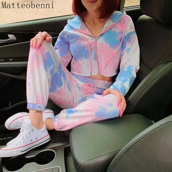 

Sexy Tie Dye Two Piece Set Lounge wear Women Casual Outfits Autumn Street Zipper Hoodies And Pants Jogger Suits 2pcs Tracksuit