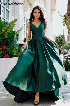 

Elegant Dark Green 2019 Evening Dresses V-Neck Backless Sleeveless A-Line Simple Formal Prom Party Gowns Cheap Vestido De Festa