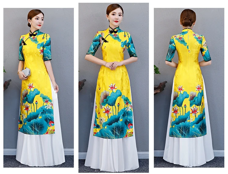 Plus size 5XL cheongsam autumn new female dignified atmosphere Austrian Chinese etiquette Printed pendulum dress Long cheongsam