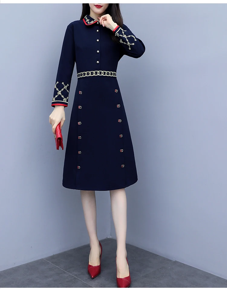 Skup 2019 jesień niebieski elegancki haftowana sukienka kobiet Plus Size z długim rękawem Ol styl w stylu Vintage strona sukienki A line Vestidos Mujer