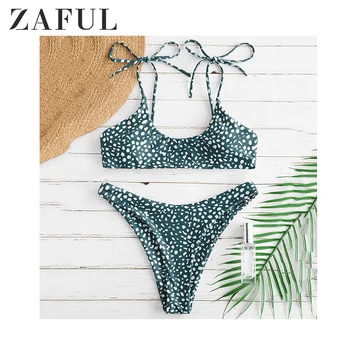 

ZAFUL Leopard Printed Tie Shoulders Bikini Set Women Spaghetti Straps Elastic Low Waisted Padded Swim Suit Beach Swimwear 2020