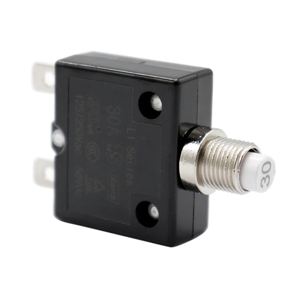 30A Push Button Reset Circuit Breaker, DC50V AC125-250V Thermal Overload Protector with Black Waterproof Button Cover