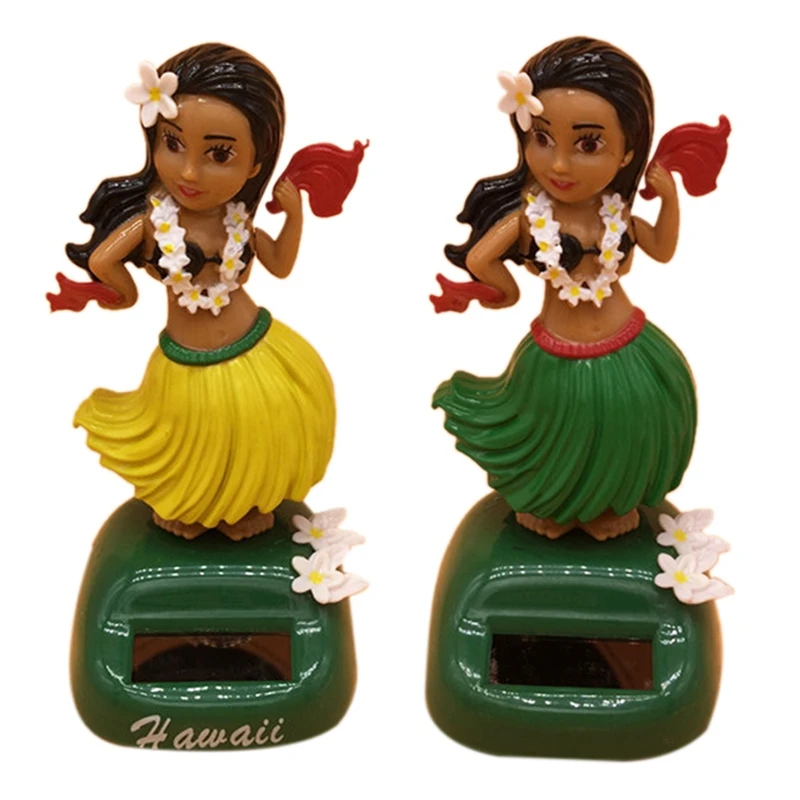 

2 Pcs Car Solar Interior Decoration Hawaiian Solar Girl Grass Skirt Decompression Dashboard Decoration Moving Head Toy - Yellow