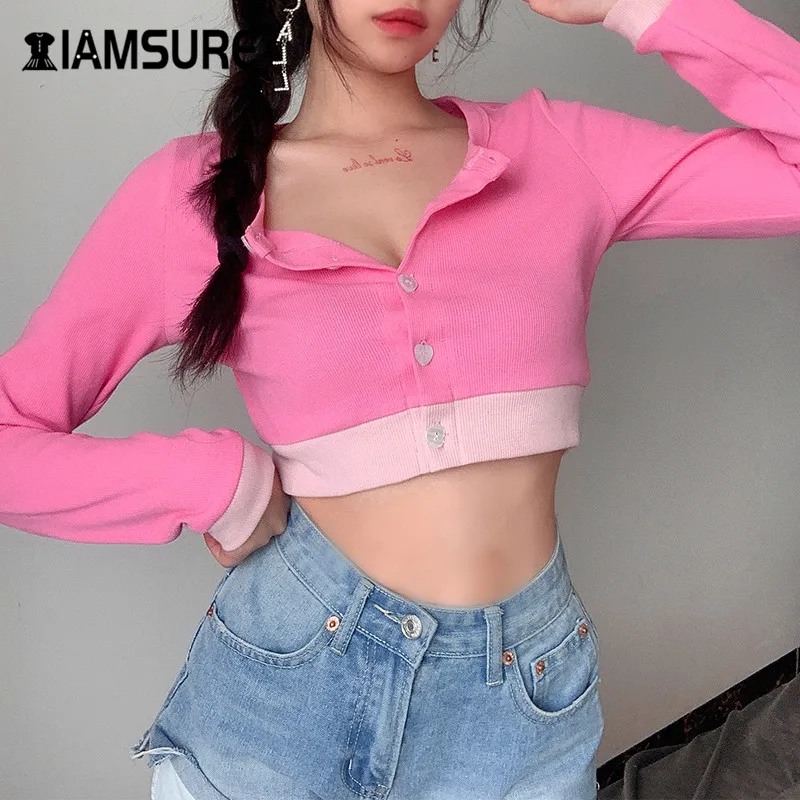 

IAMSURE Contrast Color Cute Fitness Long Sleeve Blouse For Women Korean Streetwear Fashion Casual Female Crop Tops Shirts