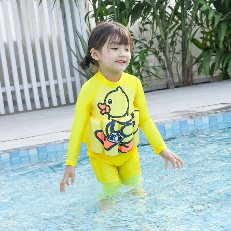 

2019 New Style Hot Sales One-piece Buoyancy Bathing Suit Send Swimming Cap Cartoon Small Yellow Duck Long Sleeve Trousers Girls