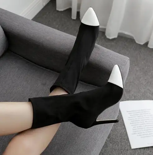 sexy super high heels pointed toe fashion boots mixed color patchwork stretch cloth chelsea bottes black/white women botas shoes - Цвет: Белый