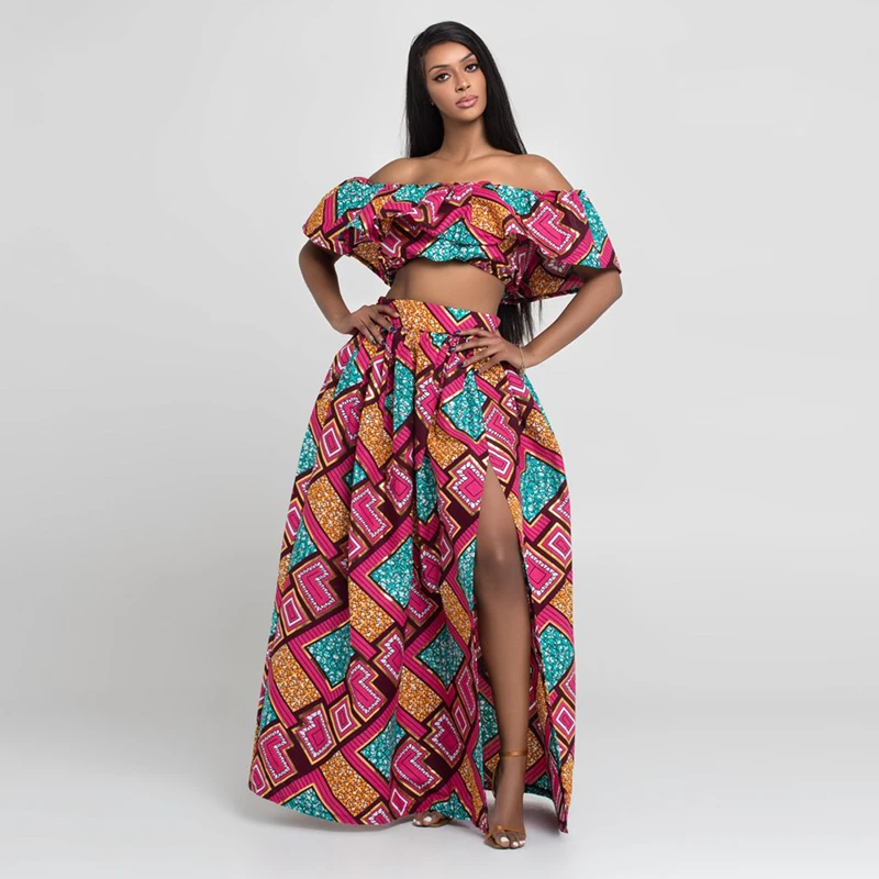 

New Printed African Clothes 2019 Two Pieces Set Sexy Women Off Shoulder Tops Side Split Maxi Swing Skirt For Party