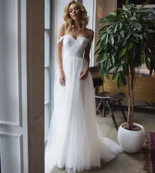 

Wedding Dress Boho Sweetheart A-Line Cap Sleeve Sweep Train Tulle 2020 Bohemian Bridal Gowns White For Women Sleeveless Elegant