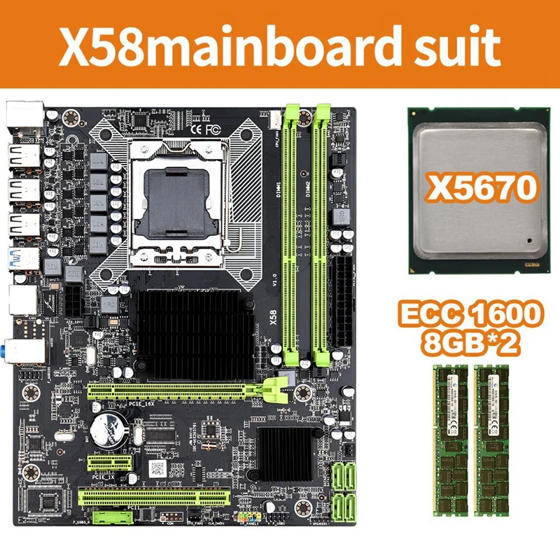 

X58 LGA1366 SATA 3.0 USB3.0 ECC RAM DDR3 1600 MHz 32G Dual Channel Motherboard with X5670 CPU/8G ECC RAM Set