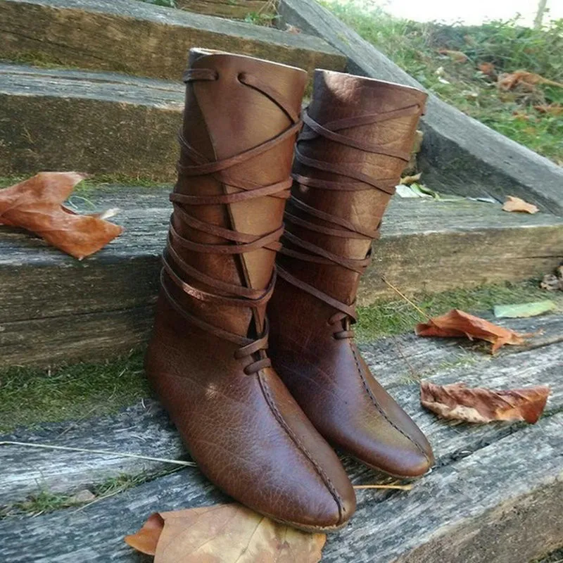 B2-7 Size 34-48 Female Vintage Soft Leather Mid Calf Boots Girls High Quality Cross-tied Boot Woman Flat Heels Shoes For Women | Обувь