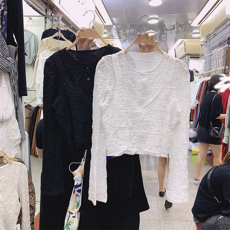 

Autumn Clothes Long Sleeve Tshirt Woman 2020New Slim-Fit Fake Two-Piece Pleated Crop Top Navel T-shirts Ladies Sexy Top