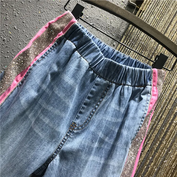 Европейский осенний боковой горячий сверлильный цветной блок джинсы брюки женские эластичные талии свободные джинсы