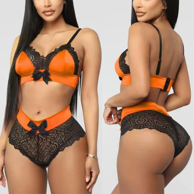 Hot Sell Quality Silk Seamless Lingerie Set Women Lace Bowknot Push Up Bra And Panty Set Sexy V Neck Erotic Underwear Brief Sets plus size bra and panty sets Bra & Brief Sets