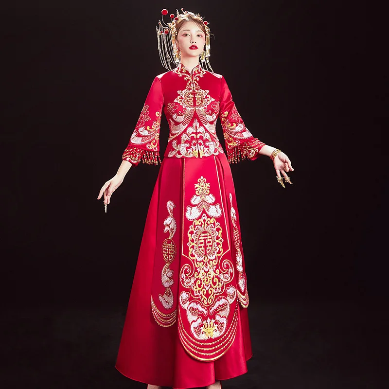 Высокое качество, стразы, вышивка, древняя невеста, свадебное платье, ретро платье, китайское платье чонсам, длинная секция, размер S-XXL