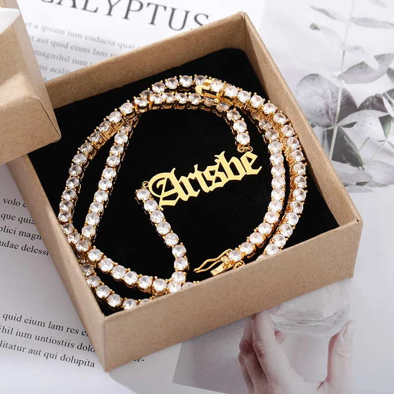 

Personalized Custom Name Necklace For Women Customized Letter Zircon Tennis Chain Necklace Men's Hip Hop Stainless Steel Jewelry