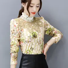 

2020 Autumn Winter Women Diamond Beading Long sleeve Shirt Female Warm Printing Lace Blouses Plus Velvet Thicken Tops