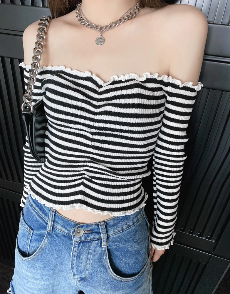 Temu Ear Striped off Neck Strapless Sloping Shoulder Sexy Navel Cropped ...