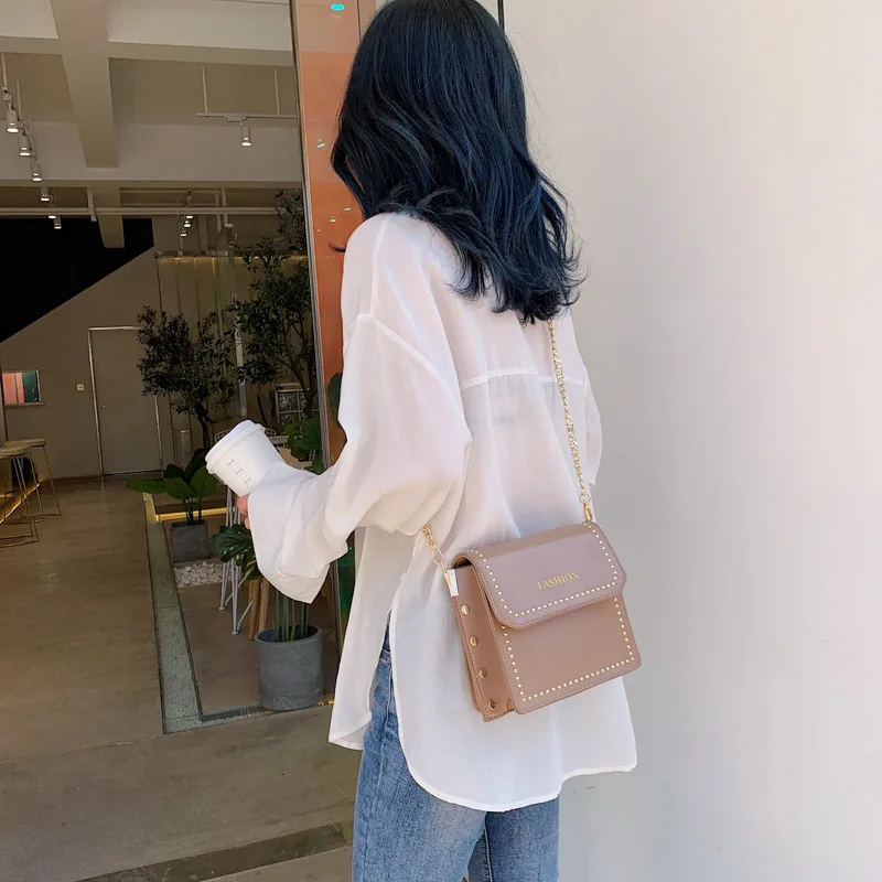 

Textured Bag Women's 2019 New Style Fashion Korean-style Rivet Square Sling Bag CHIC Chain Versatile Crossbody Bag