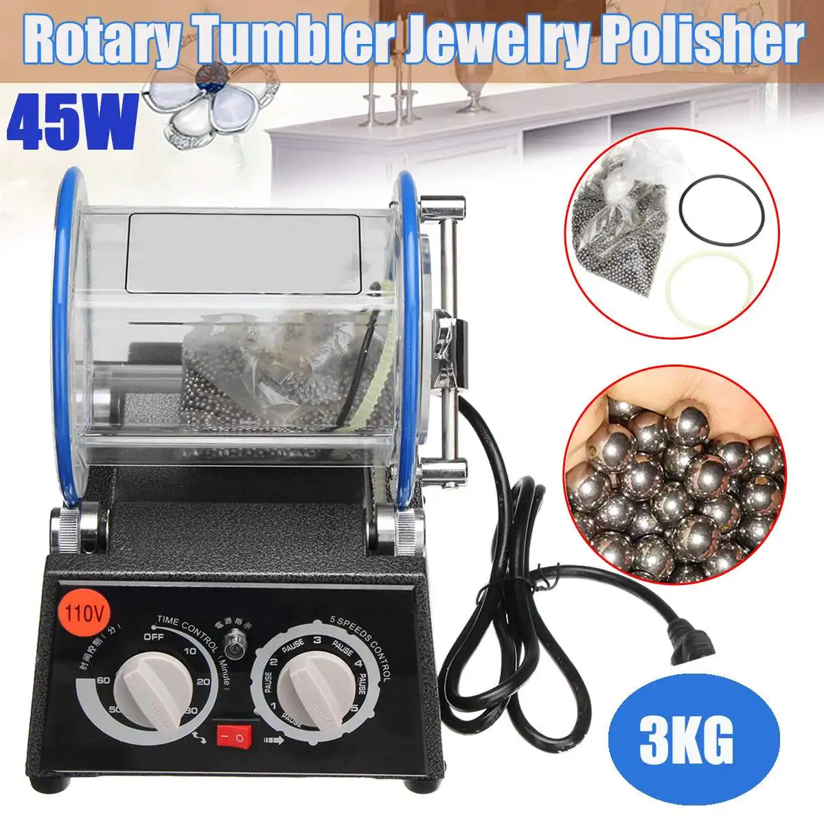 

110v 3kg Capacity 45W Rotary Tumbler Jewelry Polisher Cleaning Machine Jewelry Vibratory Tumbler Barrel Rotary Tumbling Machine