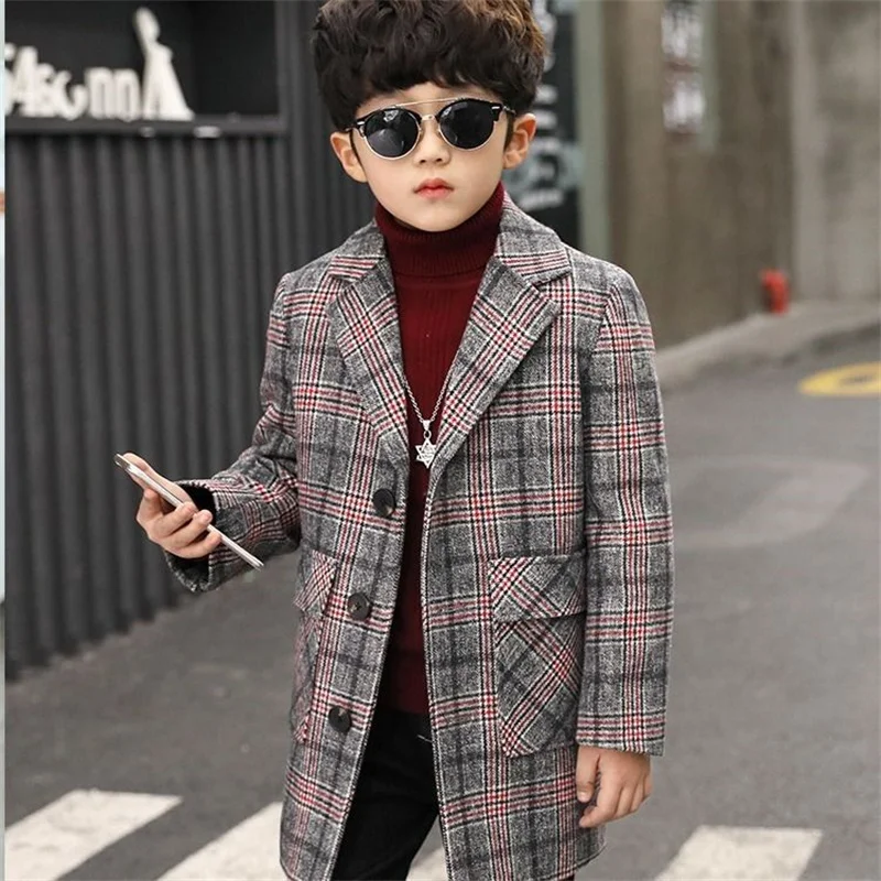 Boy Wool Coat for Autumn & Winter Children's Jacket Fashion Turn Collar Plaid Keep Warm Outerwear Teenage Clothes