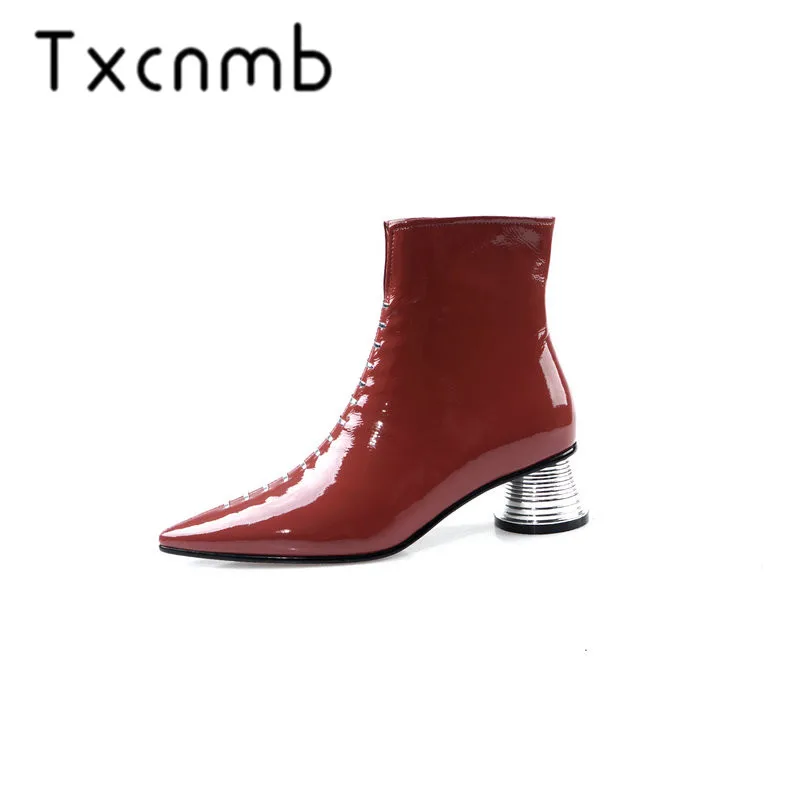 

TXCNMB New Sexy Boots Women Pointed Toe Ankle Boots Autumn Winter Party Shoes Woman Genuine Leather Vintage Motorcycle Boots