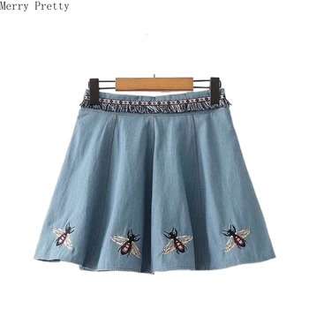

Women Denim Mini Skirts Cartoon Embroidery Hight Waist Pleated Skirt 2020 Spring New Female Casual Blue Jeans Skirts