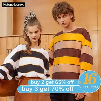 

Metersbonwe 2020 New Spring For Couple tops Men Loose stripe Hit color pullover Fashion Men Ms Leisure Long sleeve T-shirt