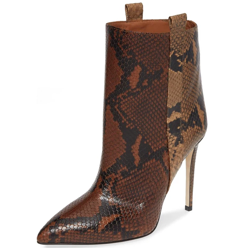 Зимние ботильоны из змеиной кожи; цвет коричневый, серый; женские теплые ботинки на очень высоком тонком каблуке, на молнии; маленькие размеры 32, 36