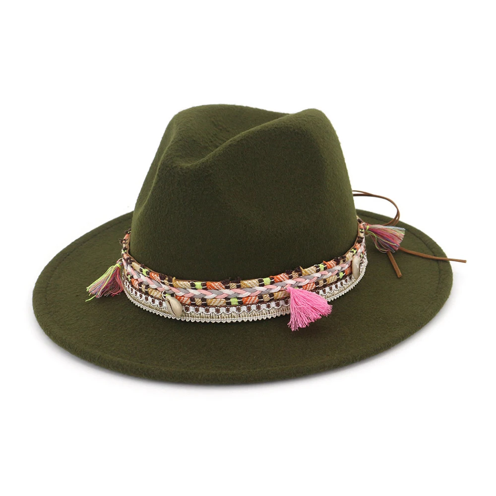 Green Модная женская шерстяная шляпа Fedora с бахрома на ленте вечерние шляпы для элегантного Ladywide джазования с полями шляпка для церкви - Цвет: Green