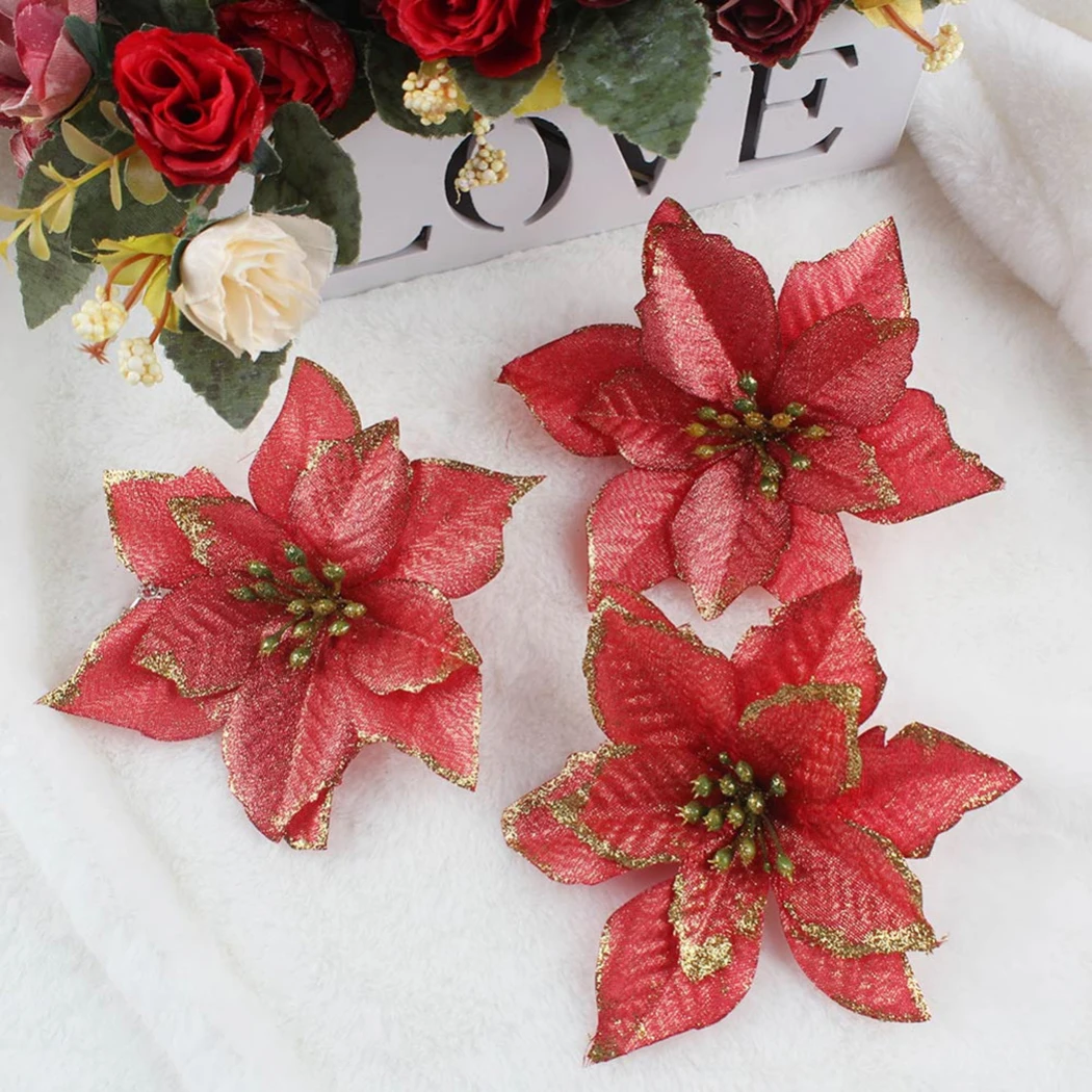 10PCS Christmas Flowers Xmas Christmas Tree Decorations Glitter Wedding Party Artificial Flowers Decor Drop Shipping