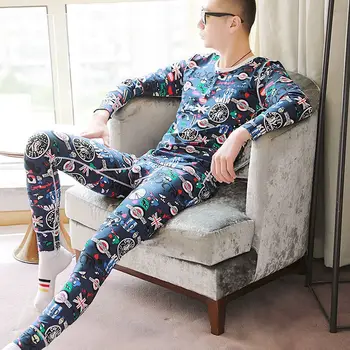 

New fashion thermal underwear men's round neck cotton thin section Slim autumn clothes long pants suit Long Johns