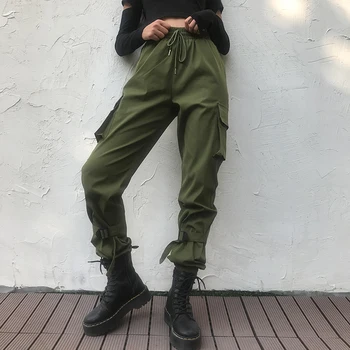 

TCJULY Spring 2020 New 100% Polyester Solid Cargo Pants Women High Waist Drawstring Casual Trousers Streetwear Slim Jogger Pants