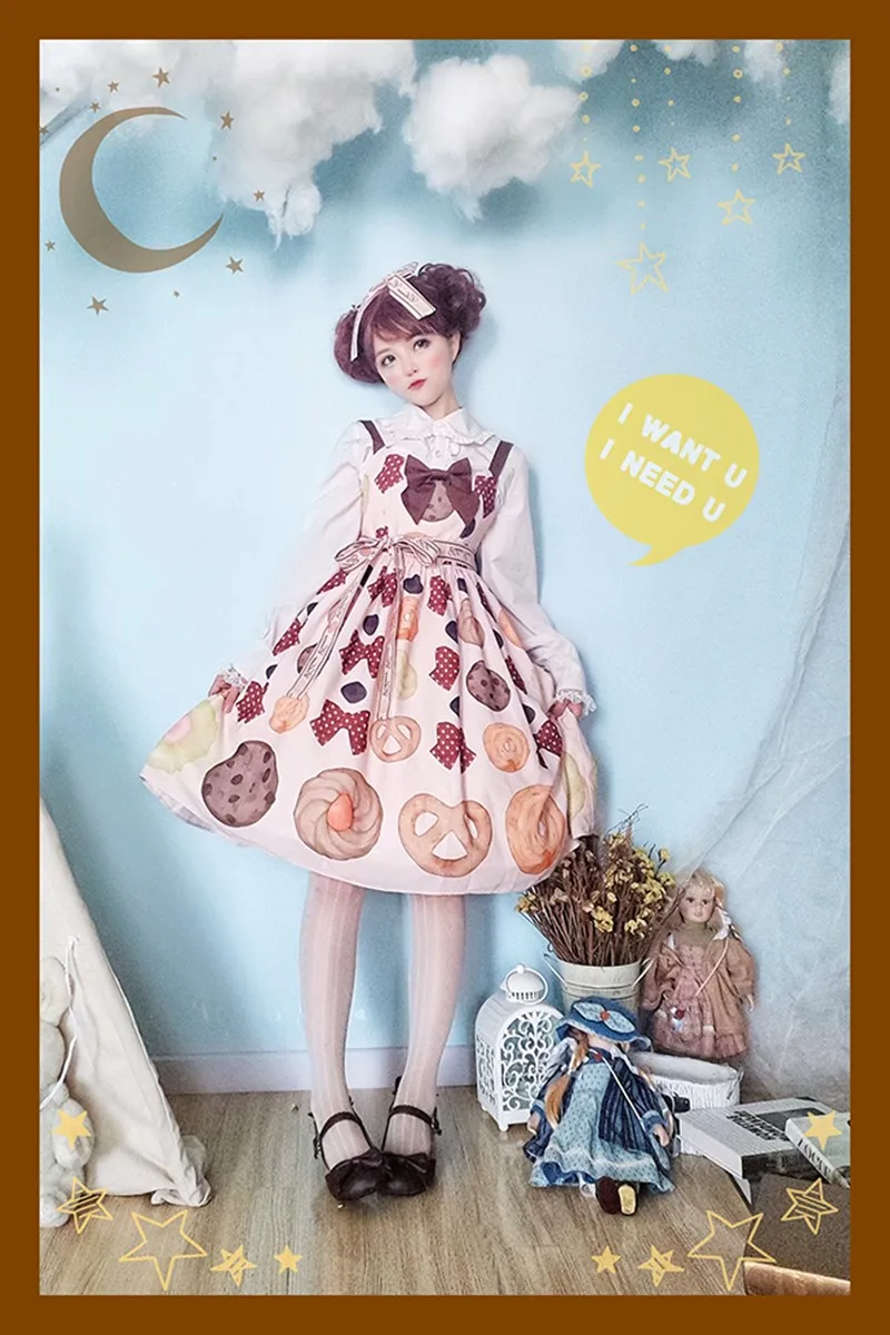 Japanese Kawaii Girl Sweet Lolita Dress Vintage High Waist Printing Bowknot Victorian Gothic Jsk
