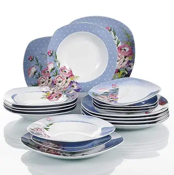 

VEWEET HANNAH 18-Piece Flower Pattern Porcelain Dinner Plate Set of 7.5" Dessert Plates,8.5" Soup Plate,9.75" Dinner Plates