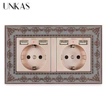 

UNKAS 2 Gang EU Standard Wall Socket With 4 USB Charge Port Hidden Soft LED Indicator 4D Embossing Panel Retro Zinc Alloy Panel