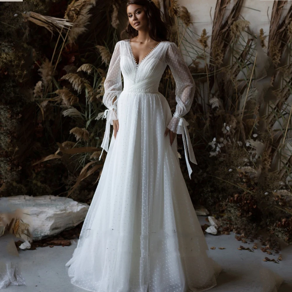 bridal shower dress Boho Wedding Dresses 2021 V-Neck Long Sleeves Modern Polka Dot Tulle Robe de Mariee Bohemian Gown Backless White Bridal Dress lace wedding dress