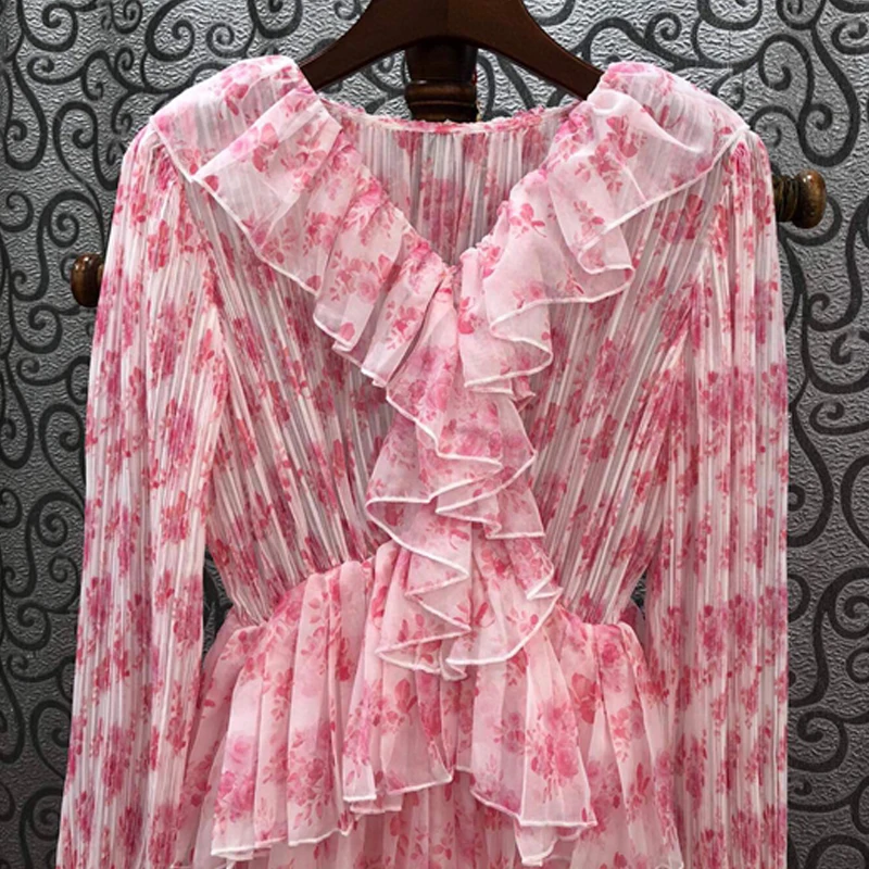 AELESEEN Runway Fashion Pink Dress Designer New V