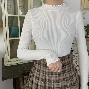 

New Korean Slim Solid Color Lace Half-High Collar Long Sleeve Bottoming Knit Sweater