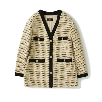 

Women yellow tweed jackets 2020 fashion casual loose v-neck single breasted coats female autumn atchwork coat girls chic y596