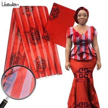 

Red Organza silk fabric stretch satin silk chiffon fabric sequins lace 4+2yards african fabric for patchwork ankara fabric F28-6