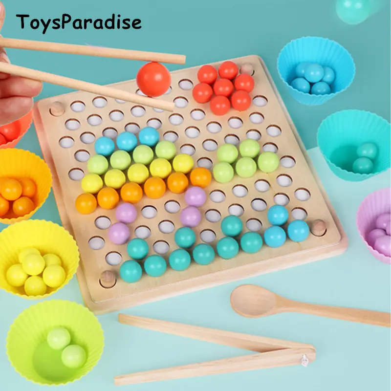 

New Arrival Baby Using Chopsticks/Spoon Practice Rainbow Bead Clipping Wooden Toys For Kids Educational Preschool Teaching Aids