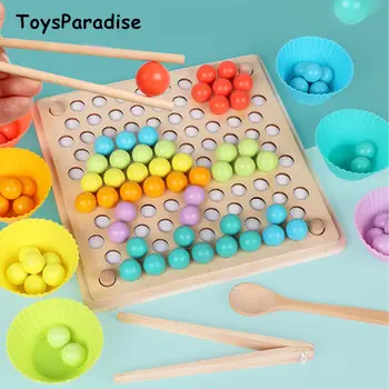 

New Arrival Baby Using Chopsticks/Spoon Practice Rainbow Bead Clipping Wooden Toys For Kids Educational Preschool Teaching Aids